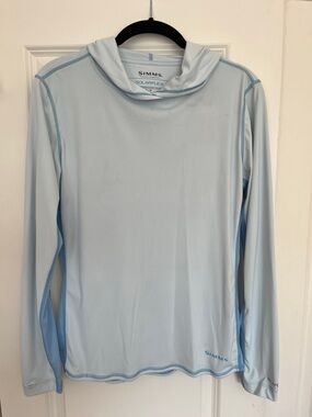 Unworn Simms Light Blue Hooded SolarFlex Fishing Shirt from Wiley’s Flies